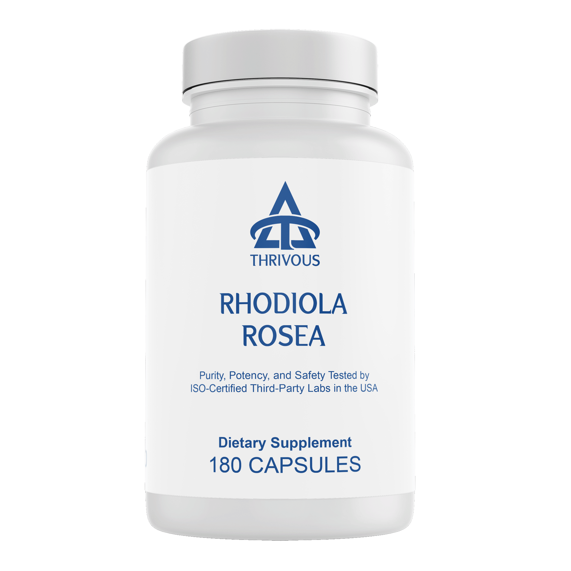 Rhodiola Rosea dietary supplement capsules in a plastic bottle displaying 180 count and standard dosage