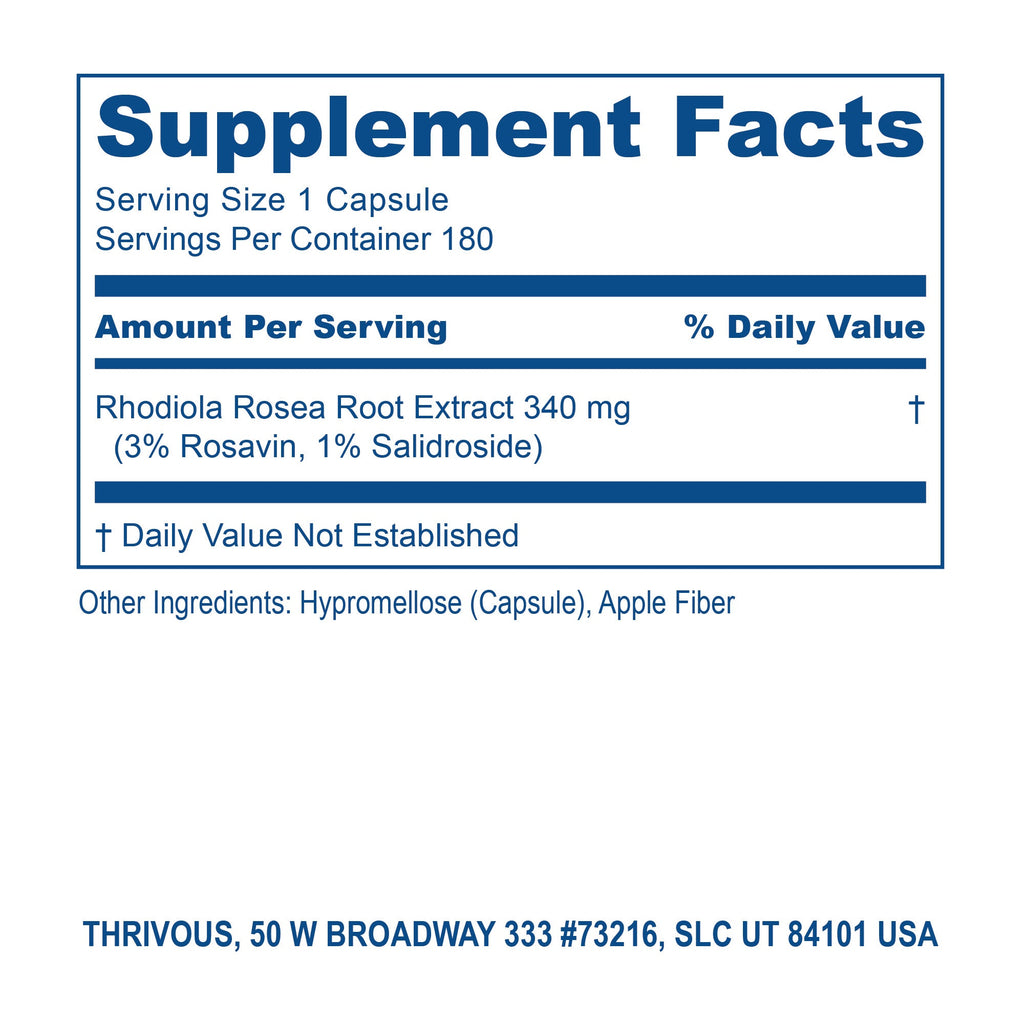 Rhodiola Rosea dietary supplement capsules in a plastic bottle displaying 180 count and standard dosage — view 4