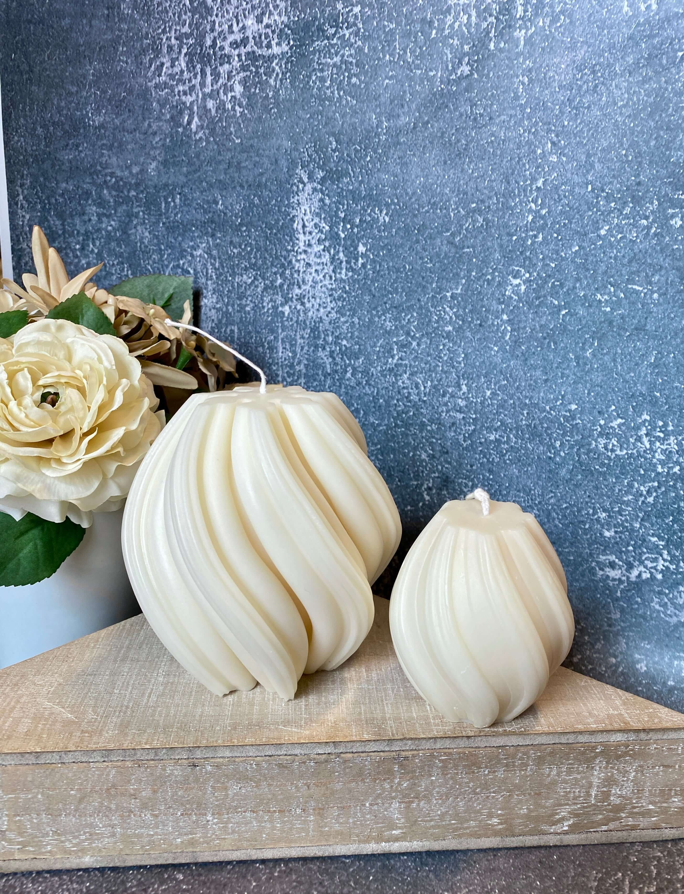 Ribbed twirl candle in sculptural twisted design, made of white handcrafted eco-friendly soy wax — view 4