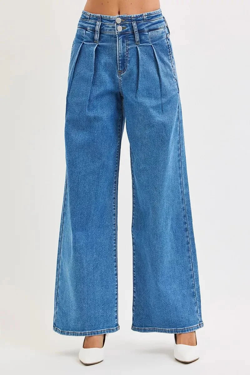 RISEN Full Size Mid Rise Fit Wide Leg with Pleated Detail Jeans Plus Size-2