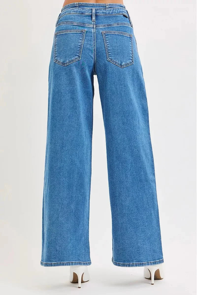 RISEN Full Size Mid Rise Fit Wide Leg with Pleated Detail Jeans Plus Size-4