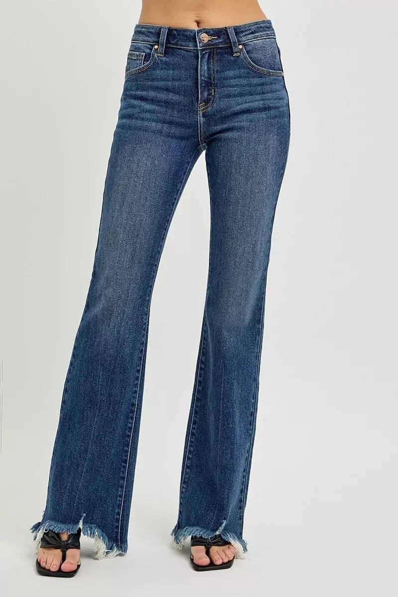RISEN Full Size Mid Rise Flare Frayed Hem Jeans Plus Size-0