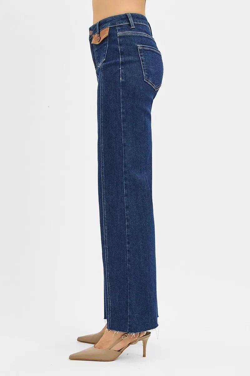 RISEN High Rise Wide Flare Jeans with Front Leather Pocket Detail-3