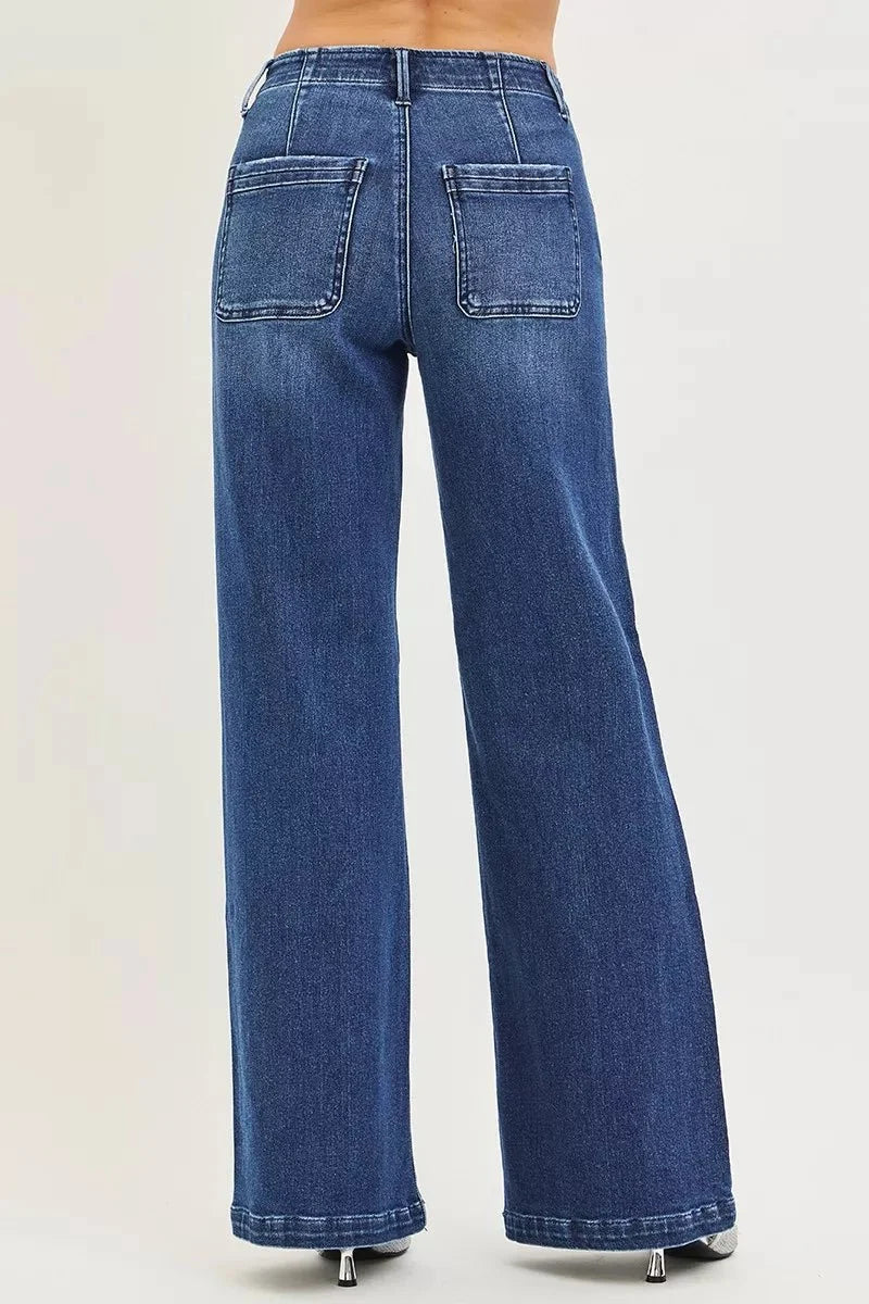RISEN High Rise Wide Leg Slanted Pocket Jeans-4