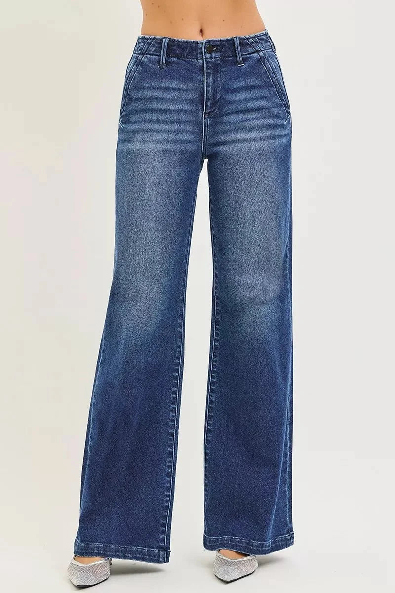 RISEN High Rise Wide Leg Slanted Pocket Jeans-0
