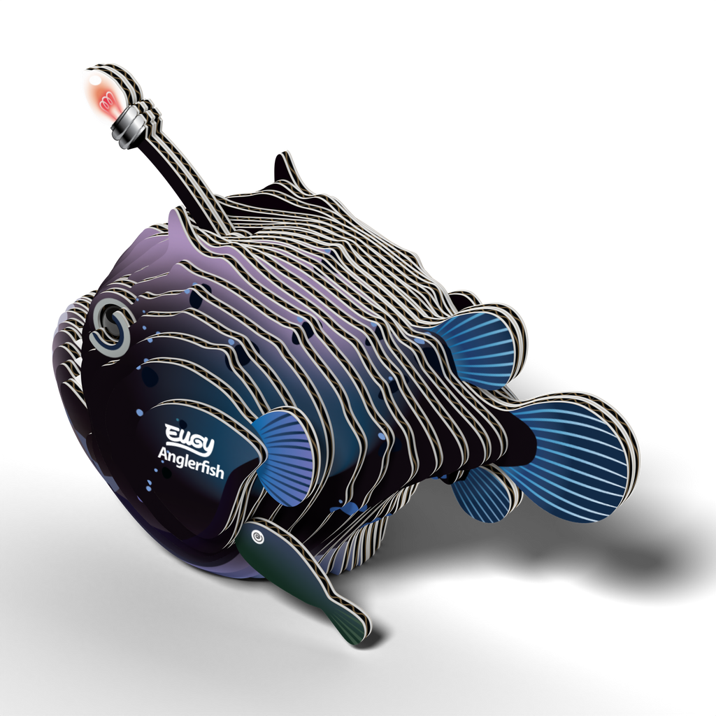 Completed eco-friendly EUGY Anglerfish 3D cardboard puzzle with bioluminescent lure and tiny parasitic male companion. — view 5