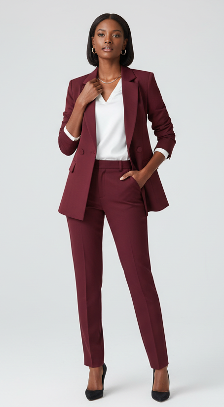 The burgundy 2-piece asymmetrical pantsuit (UK size 12)-0