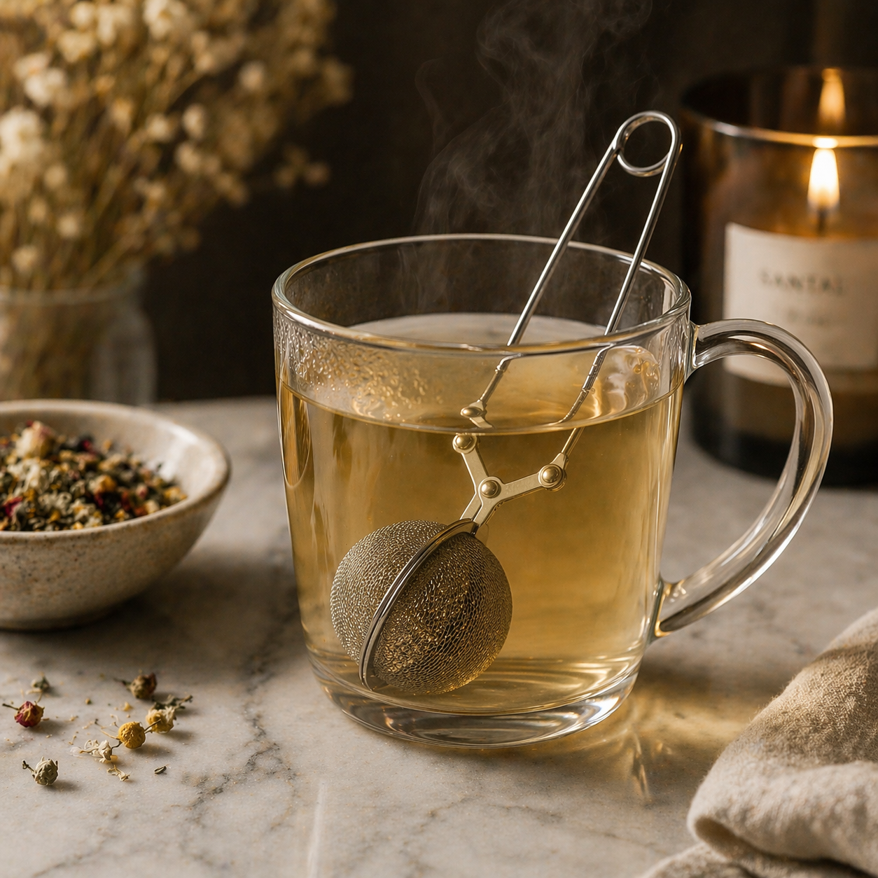 Stainless steel loose leaf tea infuser with fine mesh and extended handle — view 2