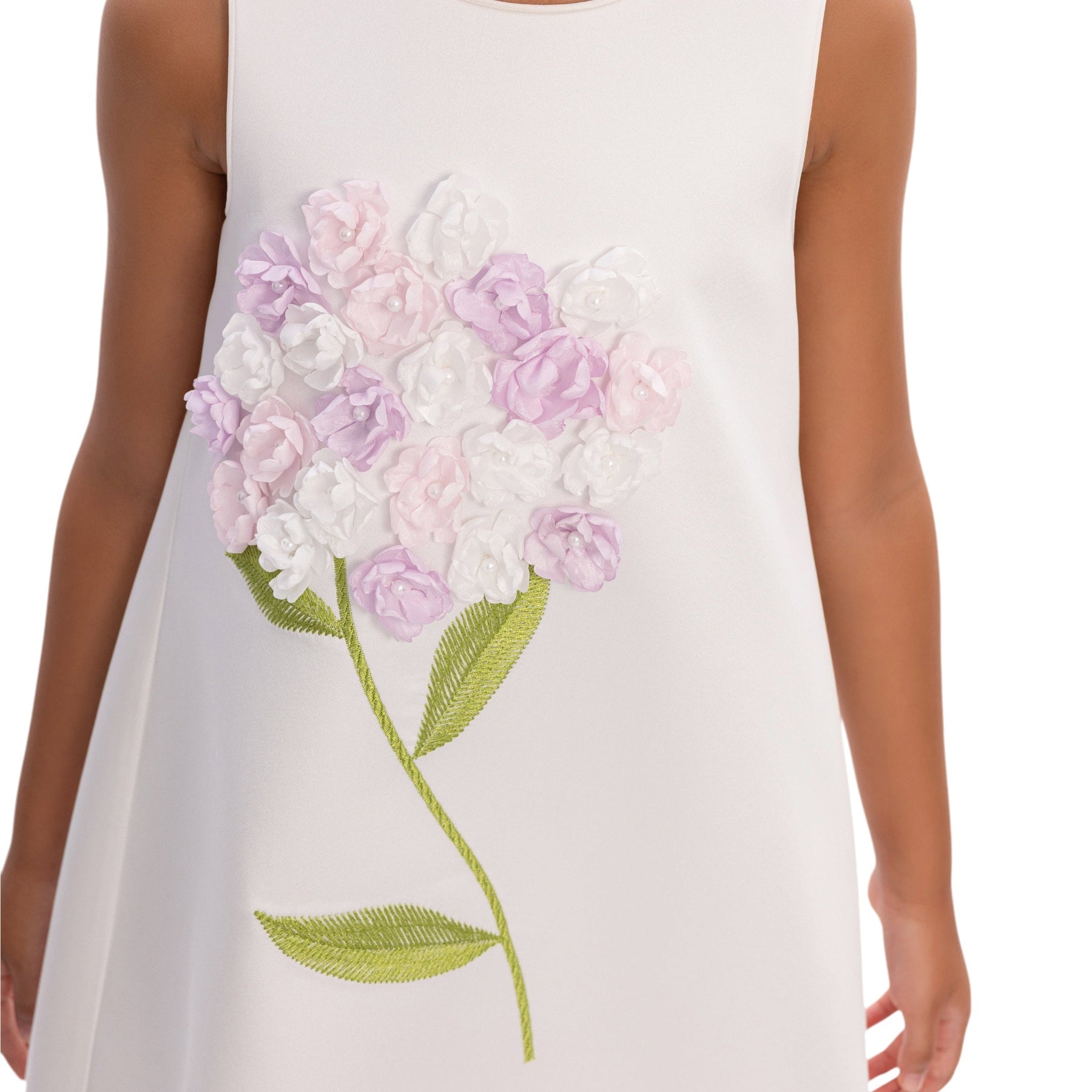Off-white girls formal dress with A-line silhouette, satin finish, and delicate floral appliqués — view 4