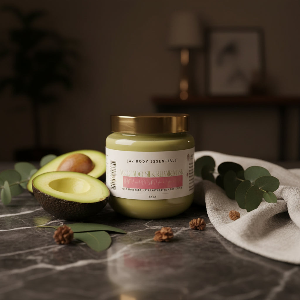 8oz avocado hair mask deep conditioner tub showing rich green hydrating cream for dry hair