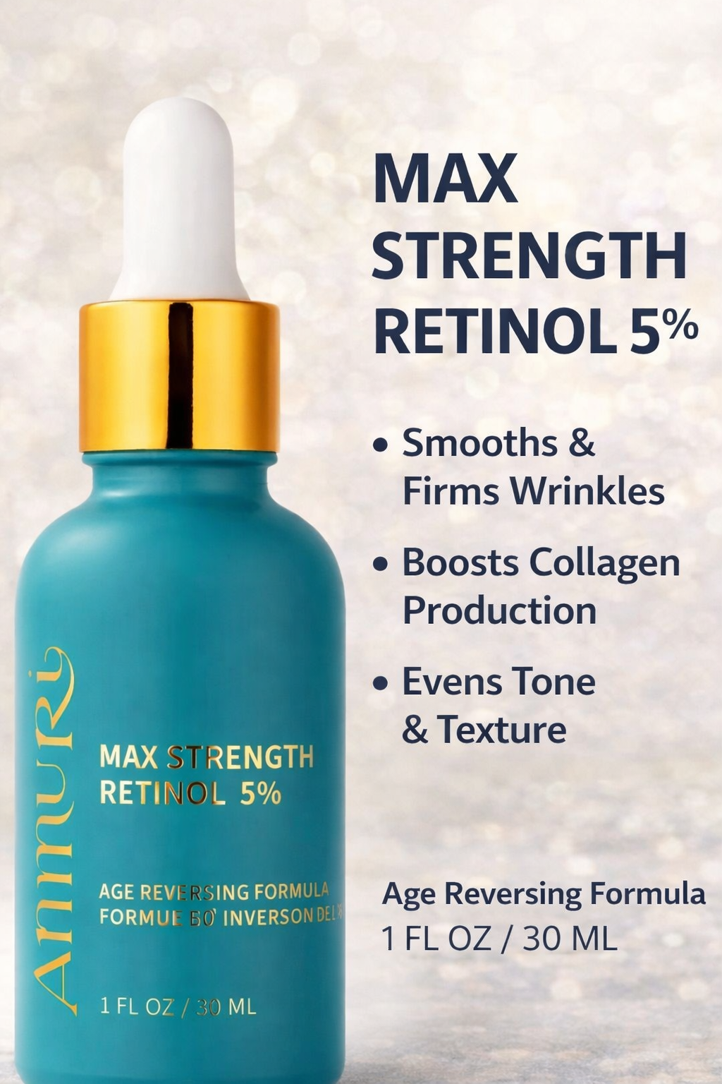 Ammuri Retinol MAX 5% anti-ageing face serum in a sleek dropper bottle for evening skincare — view 2