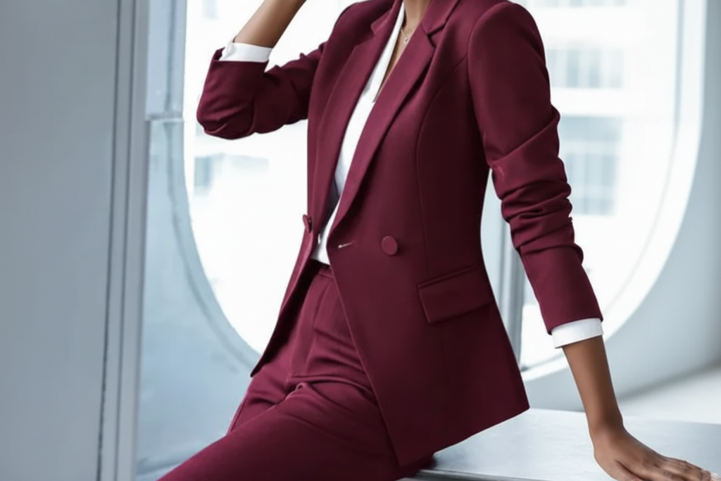 The burgundy 2-piece asymmetrical pantsuit (UK size 12)-2