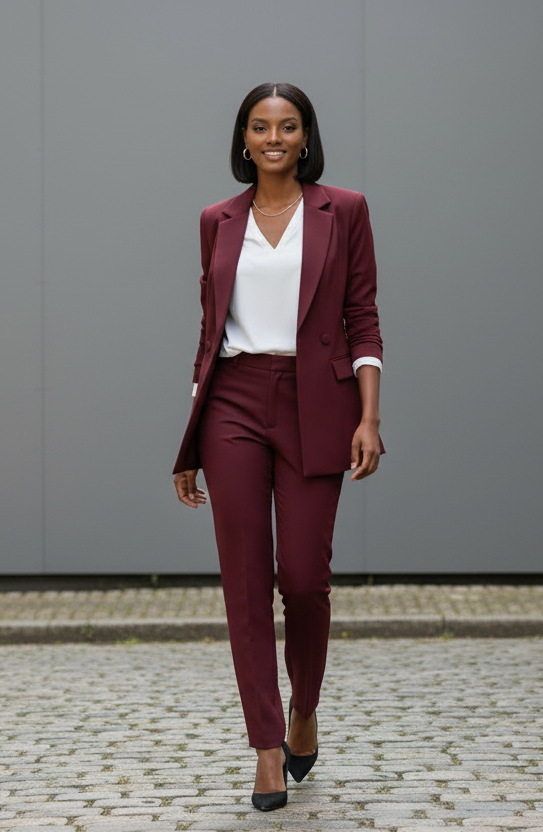 The burgundy 2-piece asymmetrical pantsuit (UK size 12)-3
