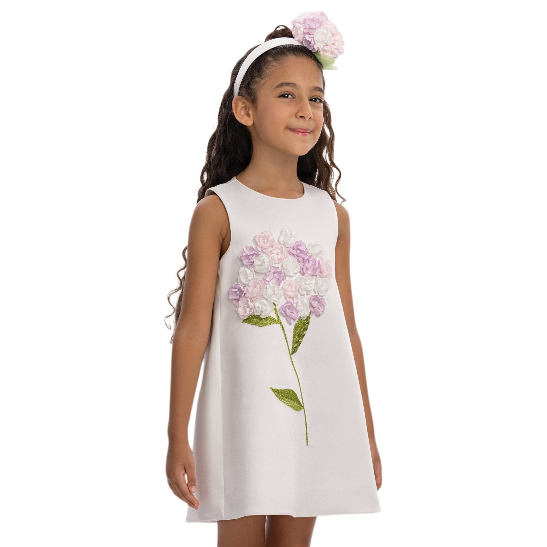 Off-white girls formal dress with A-line silhouette, satin finish, and delicate floral appliqués — view 3