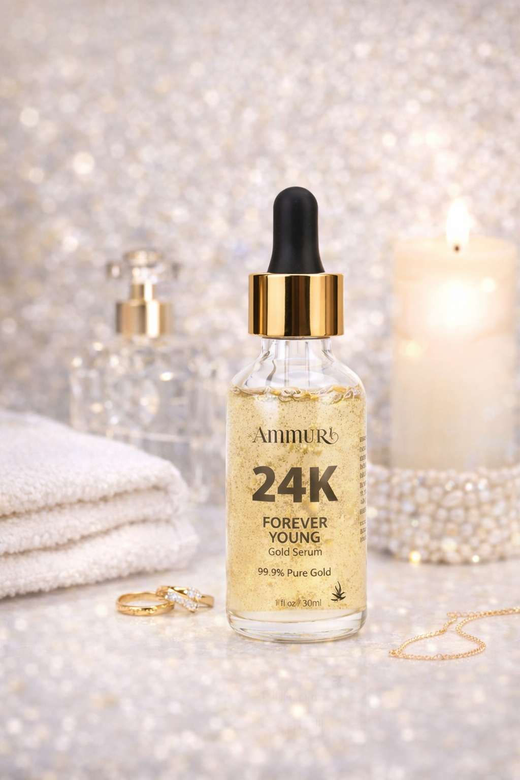 24K gold face serum glass bottle dropper with visible real gold particles for anti-ageing skincare