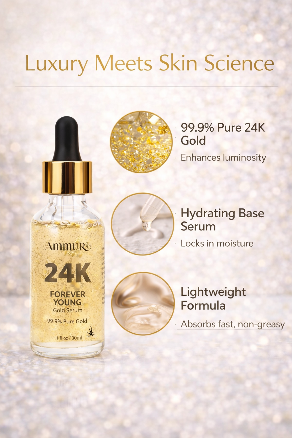24K gold face serum glass bottle dropper with visible real gold particles for anti-ageing skincare — view 2