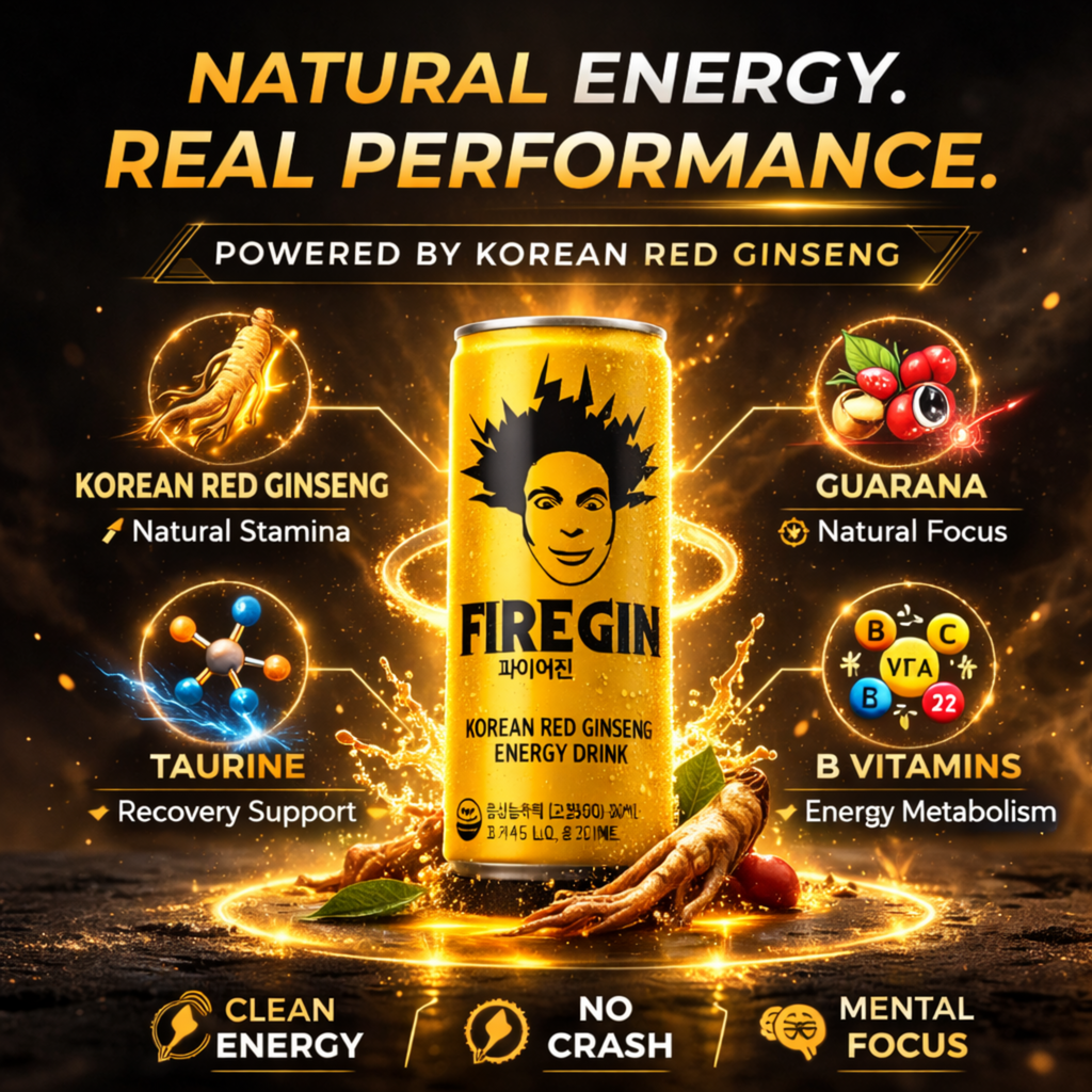 FIREGIN Korean Red Ginseng Energy Drink 250ml can with red branding and natural ingredient highlights — view 4