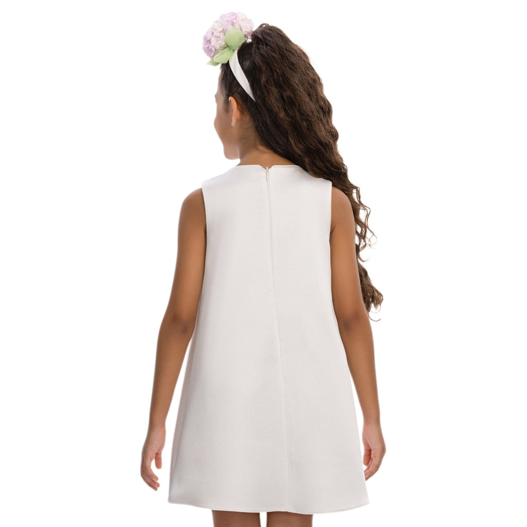 Off-white girls formal dress with A-line silhouette, satin finish, and delicate floral appliqués — view 5