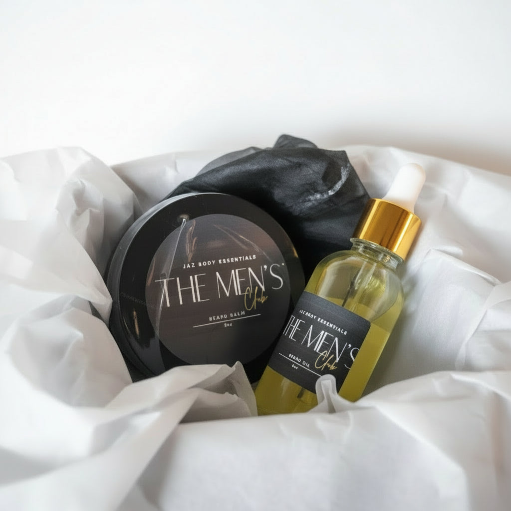 Men's Club natural jojoba beard oil and beeswax balm set in premium gift box