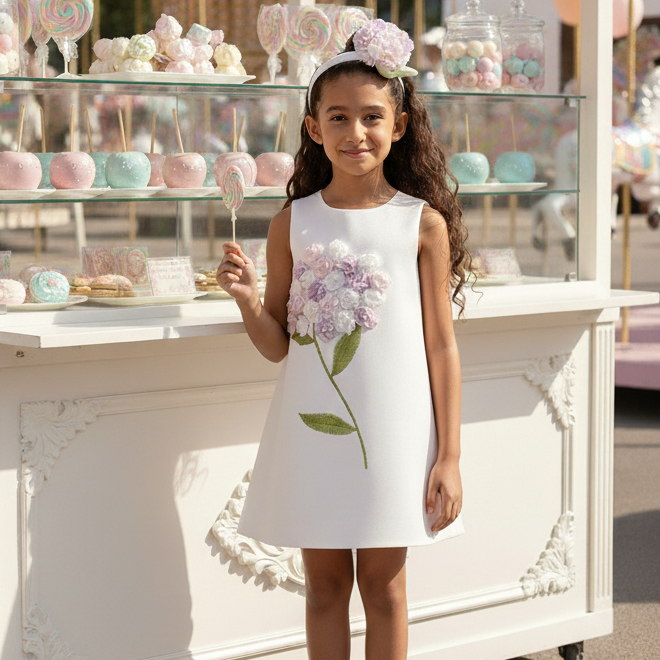 Off-white girls formal dress with A-line silhouette, satin finish, and delicate floral appliqués