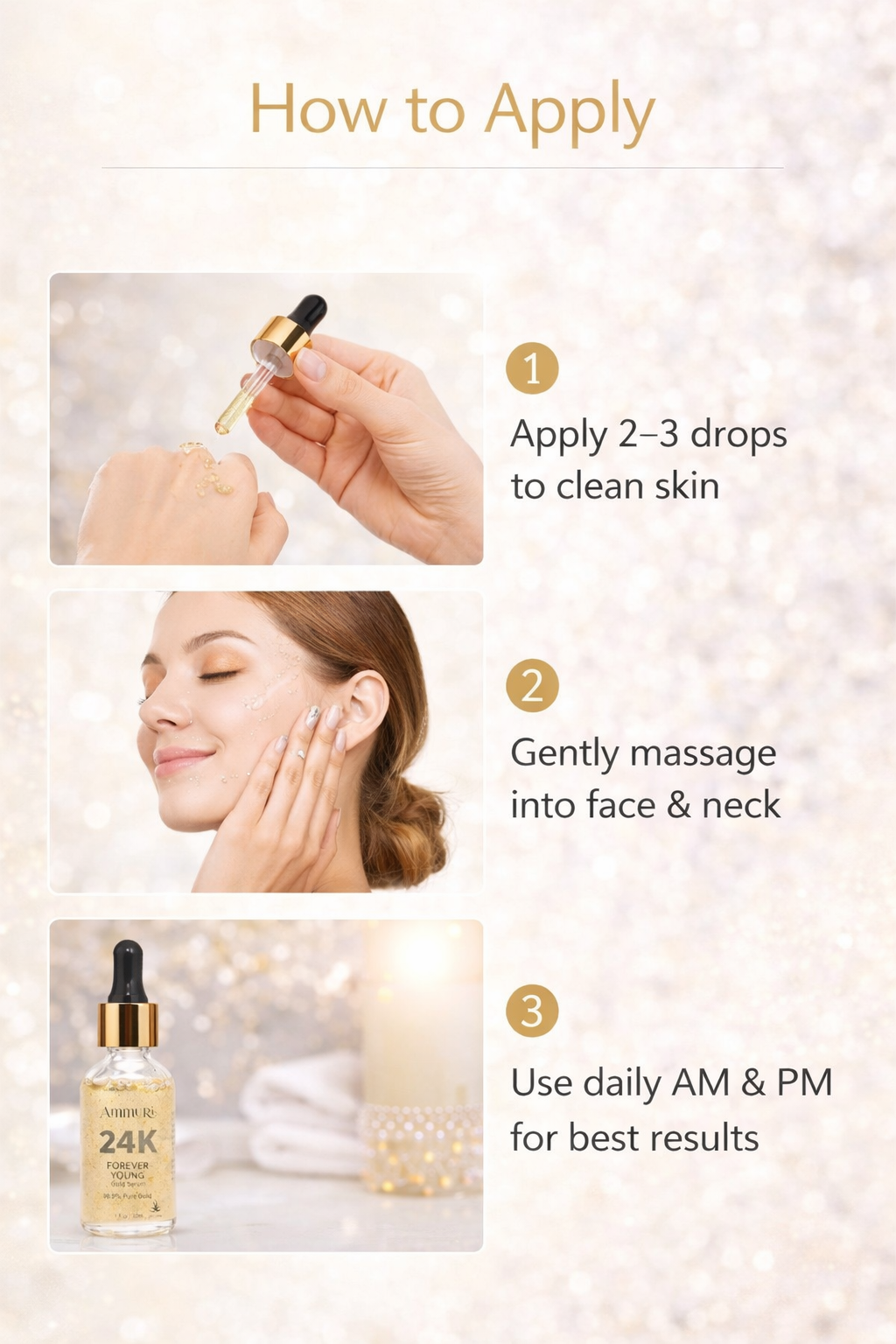 24K gold face serum glass bottle dropper with visible real gold particles for anti-ageing skincare — view 3