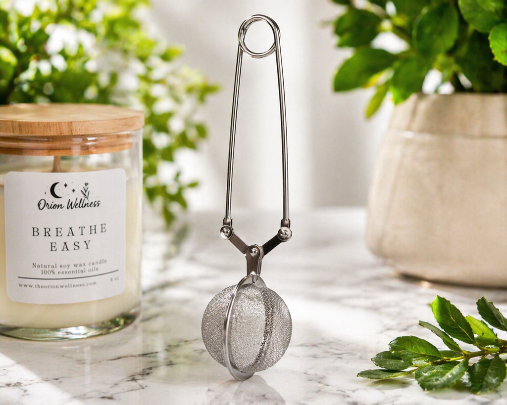 Stainless steel loose leaf tea infuser with fine mesh and extended handle — view 3
