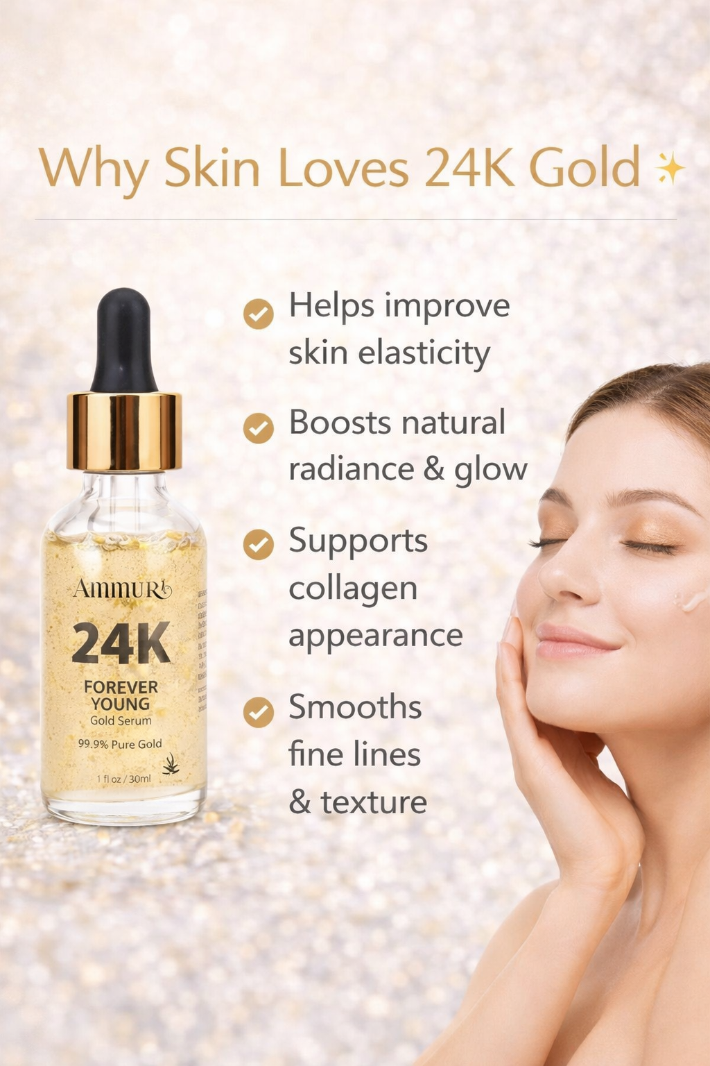 24K gold face serum glass bottle dropper with visible real gold particles for anti-ageing skincare — view 4