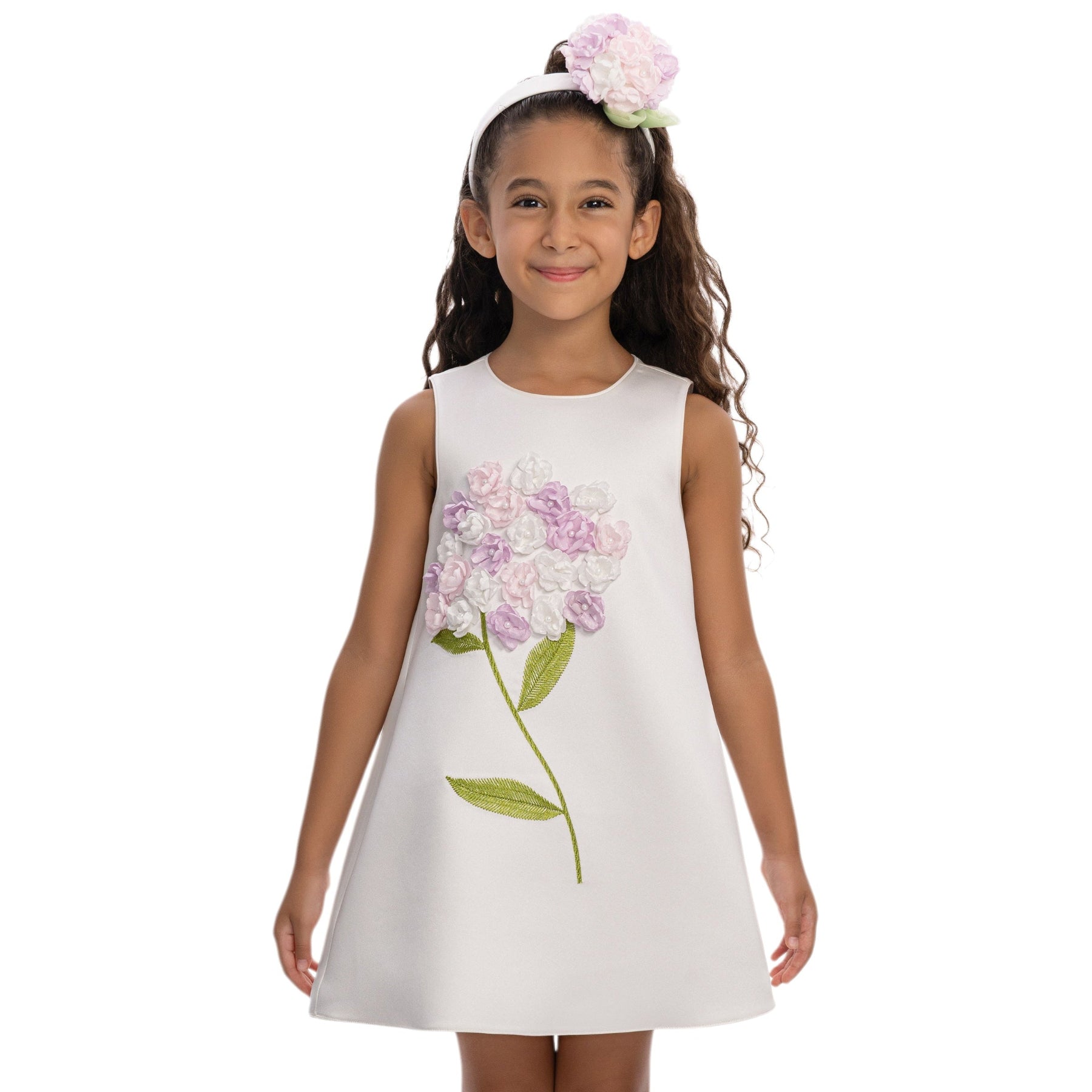 Off-white girls formal dress with A-line silhouette, satin finish, and delicate floral appliqués — view 2