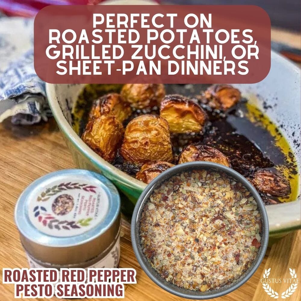 Roasted red pepper pesto seasoning in a small magnetic tin container showing the gourmet spice blend. — view 5
