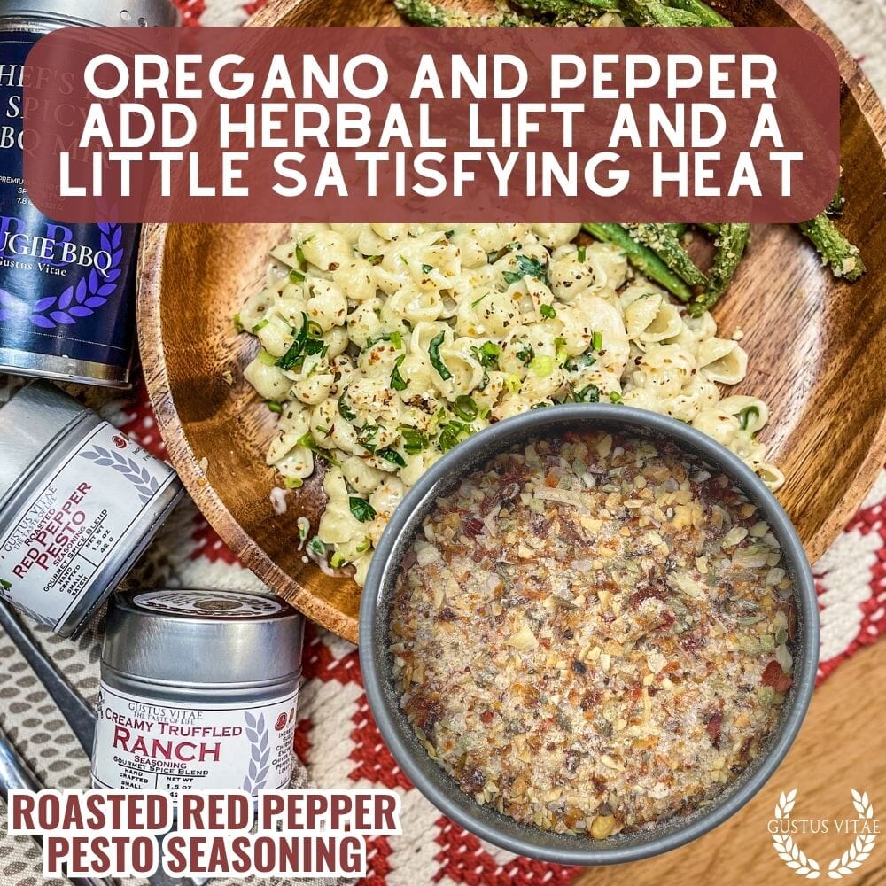 Roasted red pepper pesto seasoning in a small magnetic tin container showing the gourmet spice blend. — view 3