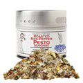 Roasted red pepper pesto seasoning in a small magnetic tin container showing the gourmet spice blend.