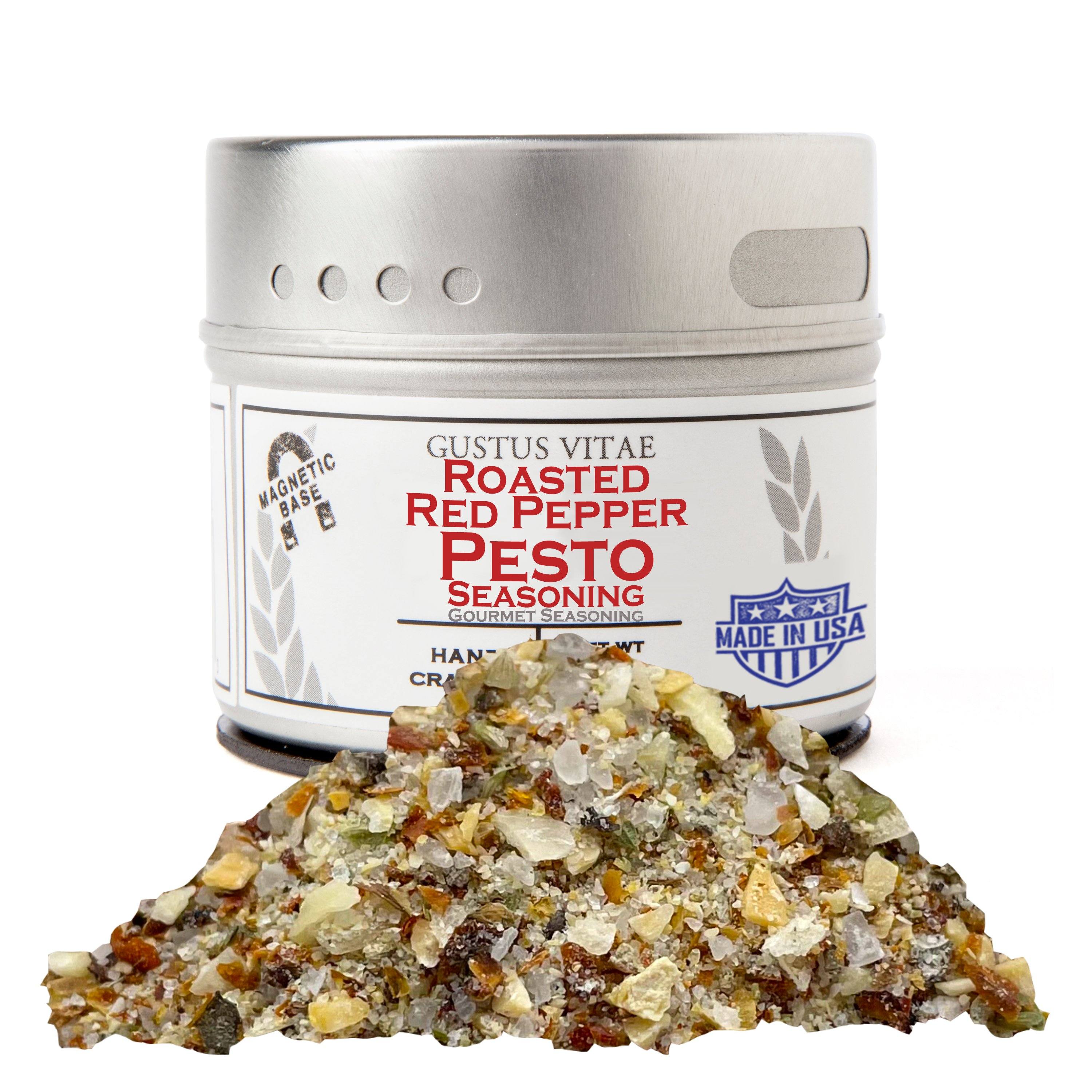 Roasted red pepper pesto seasoning in a small magnetic tin container showing the gourmet spice blend.