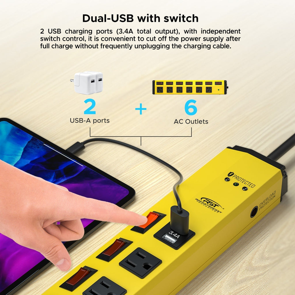 Metal surge protector power strip with six outlets, two USB ports, and individual control switches. — view 3