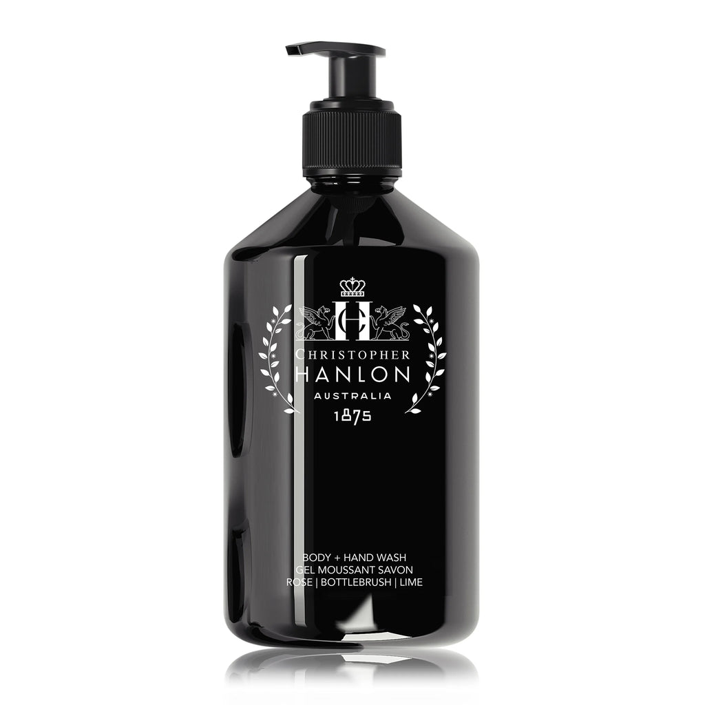 Refillable pump bottle of luxurious rose bottlebrush and lime hand and body wash cleanser gel