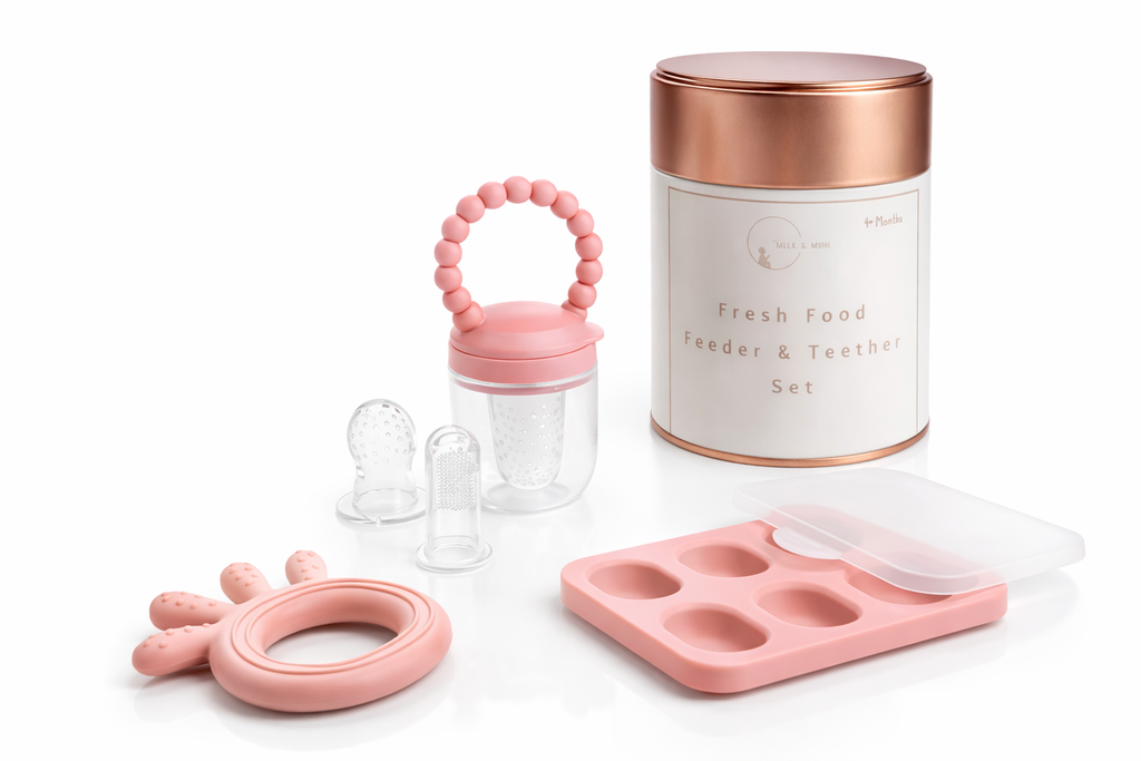 Silicone baby feeder teether toothbrush set with multi-compartment freezer tray and keepsake storage tin — view 2