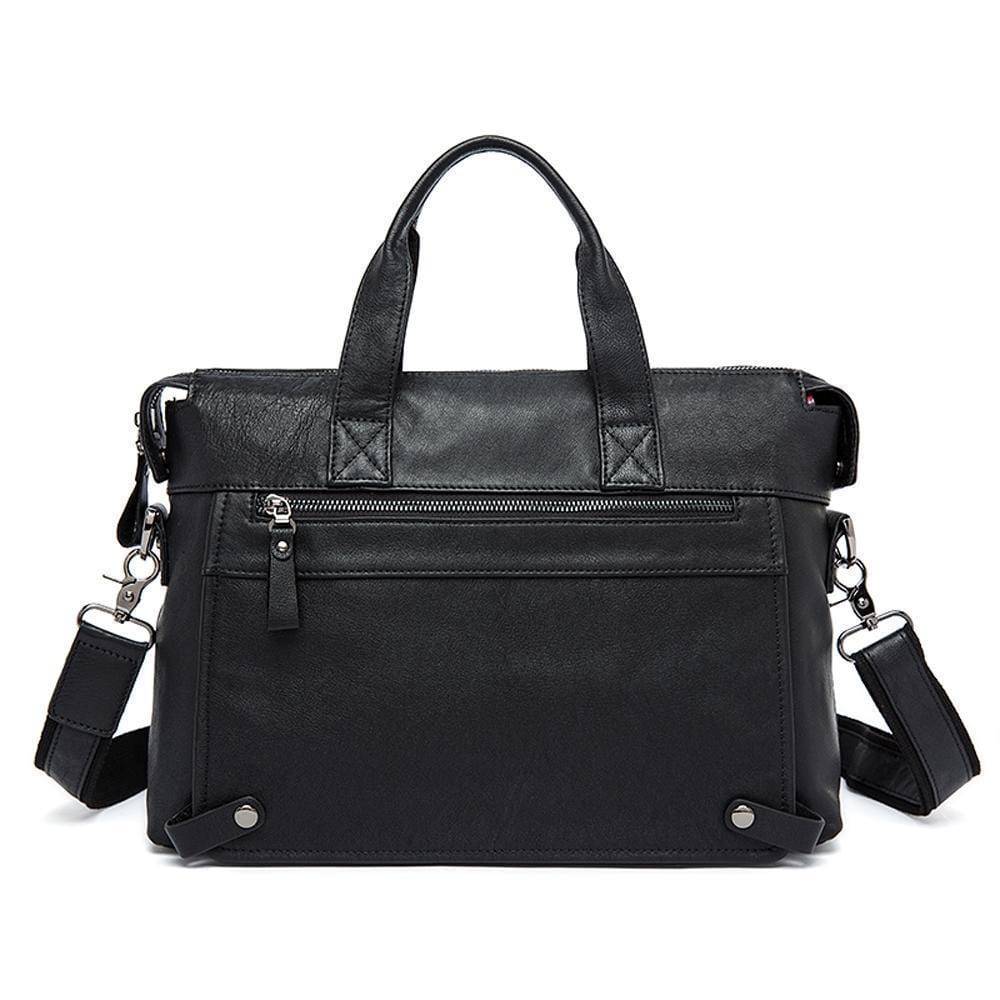 Men's vintage leather briefcase in rustic cowhide with silver hardware and adjustable padded shoulder strap.