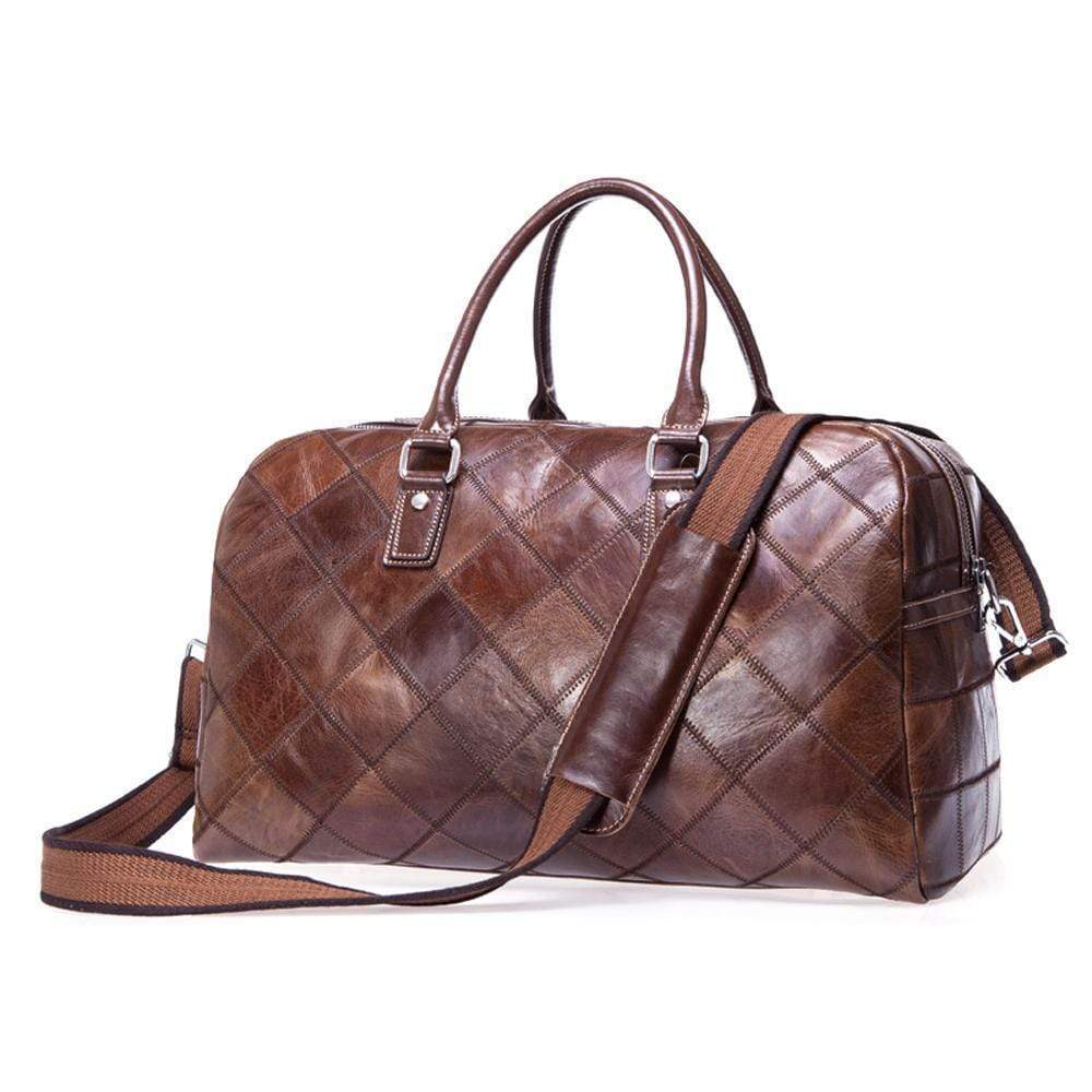 Vintage genuine leather travel duffel bag with double top handles and adjustable crossbody shoulder strap — view 2