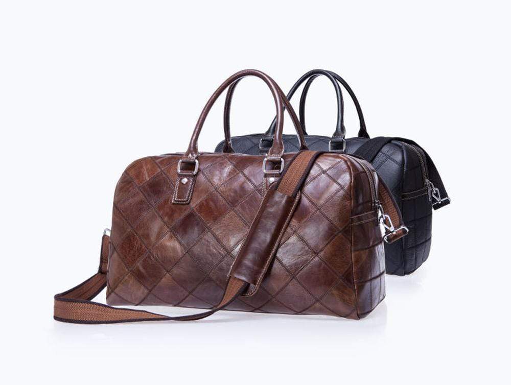 Vintage genuine leather travel duffel bag with double top handles and adjustable crossbody shoulder strap