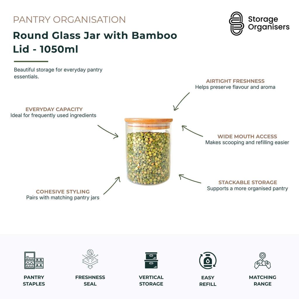 1050ml round clear glass storage jar with a natural airtight bamboo lid filled with dry ingredients — view 5