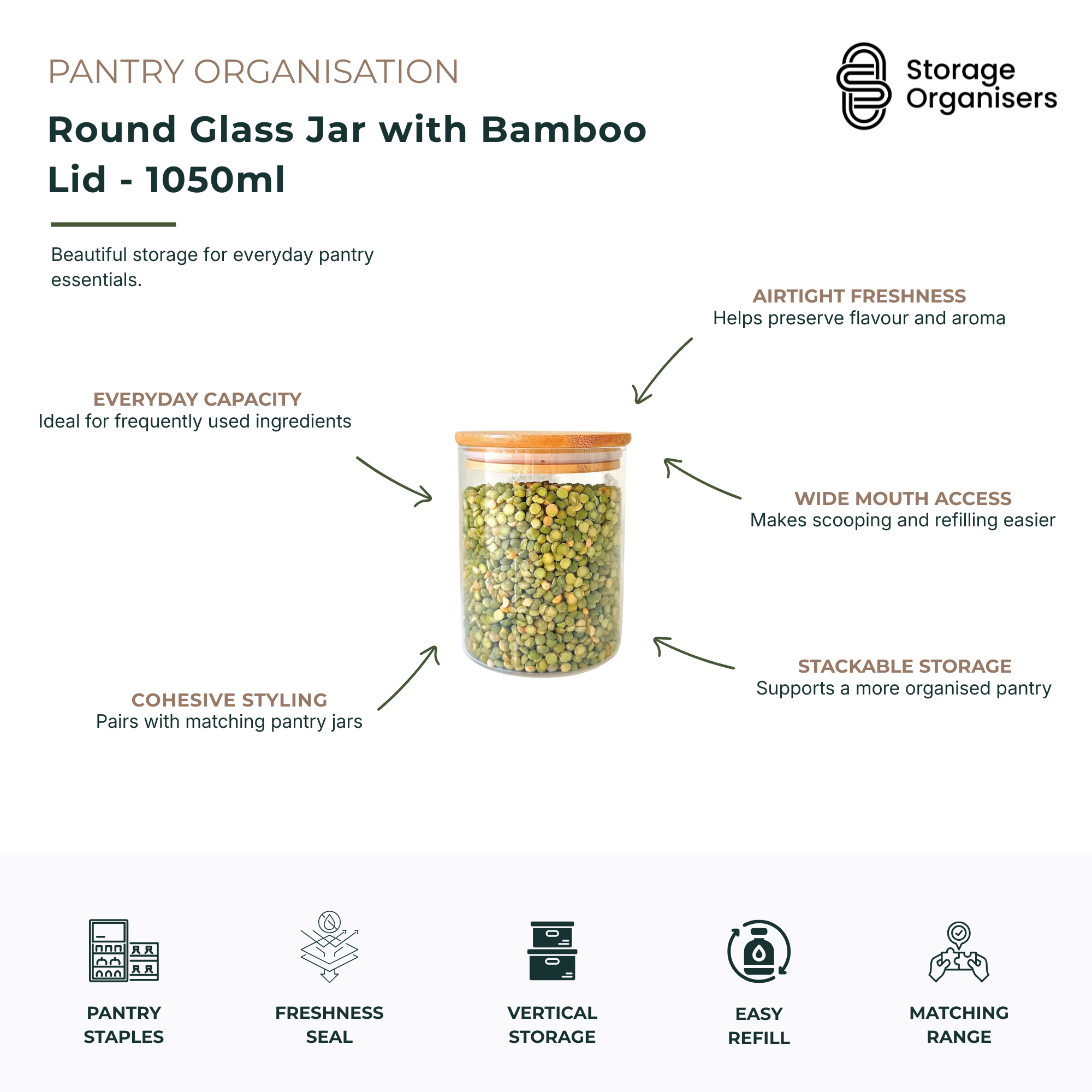 1050ml round clear glass storage jar with a natural airtight bamboo lid filled with dry ingredients — view 5