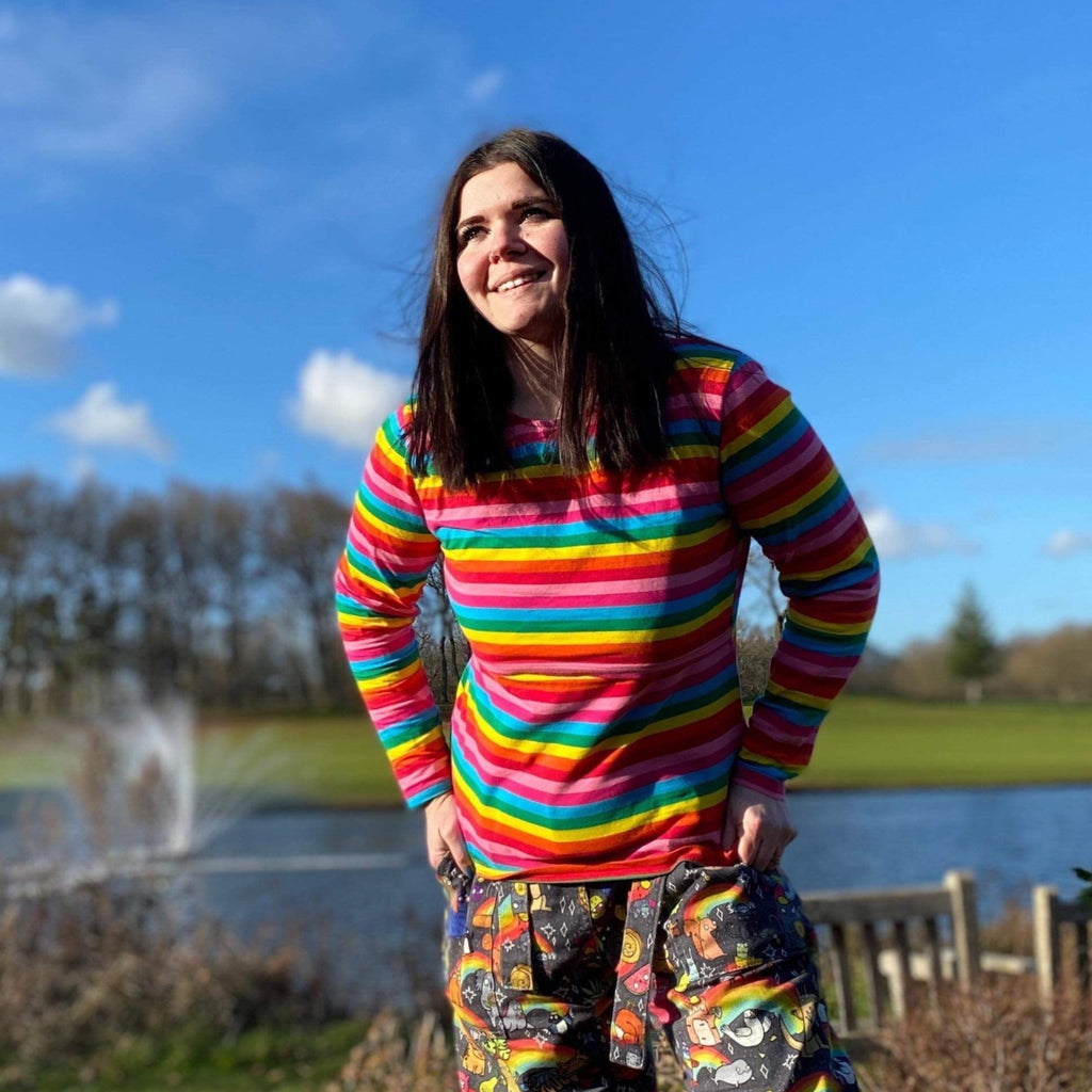 Roxy rainbow striped breastfeeding top for new mums in soft breathable cotton blend
