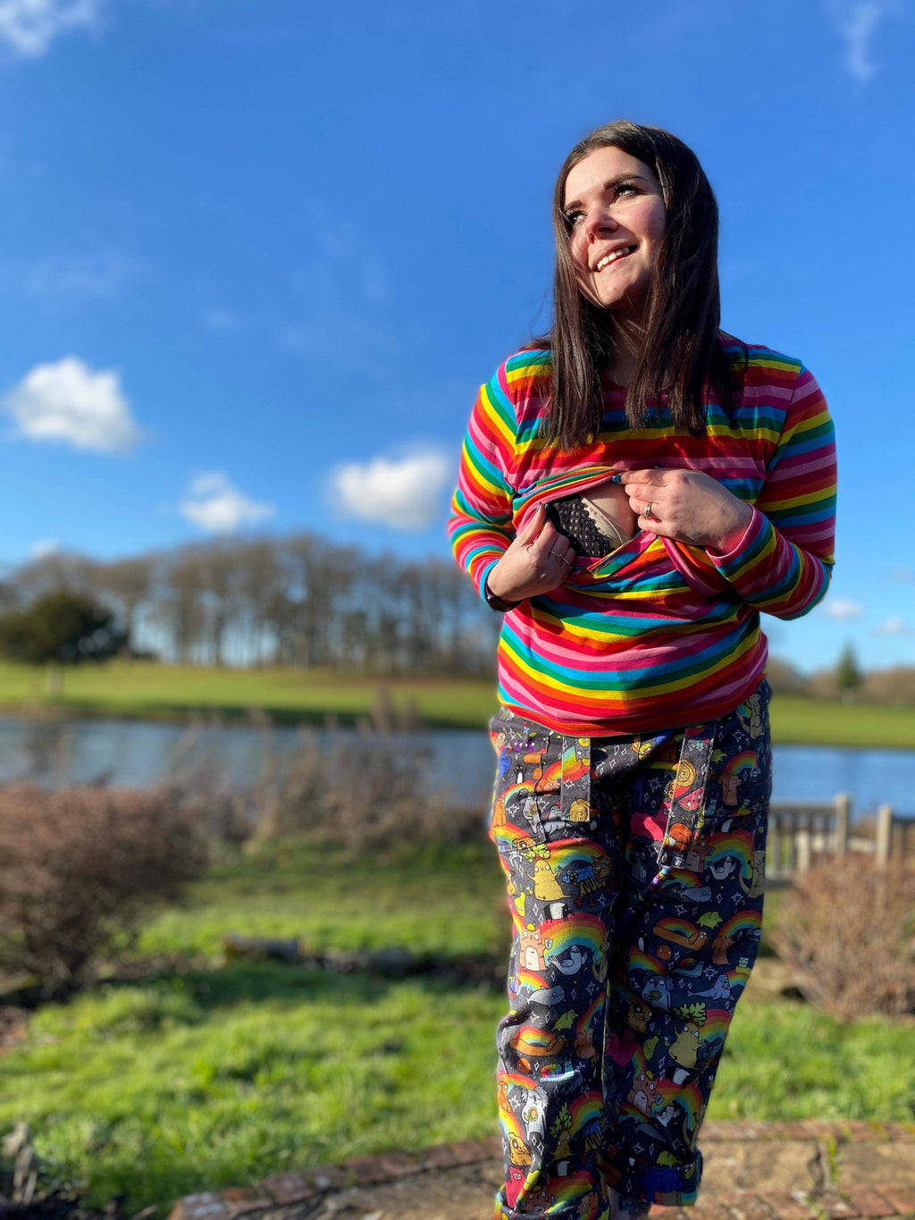 Roxy rainbow striped breastfeeding top for new mums in soft breathable cotton blend — view 2