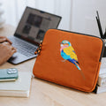 Lilac Breasted Roller laptop sleeve in earthy cotton canvas with stitched bird embroidery for 14-inch laptops