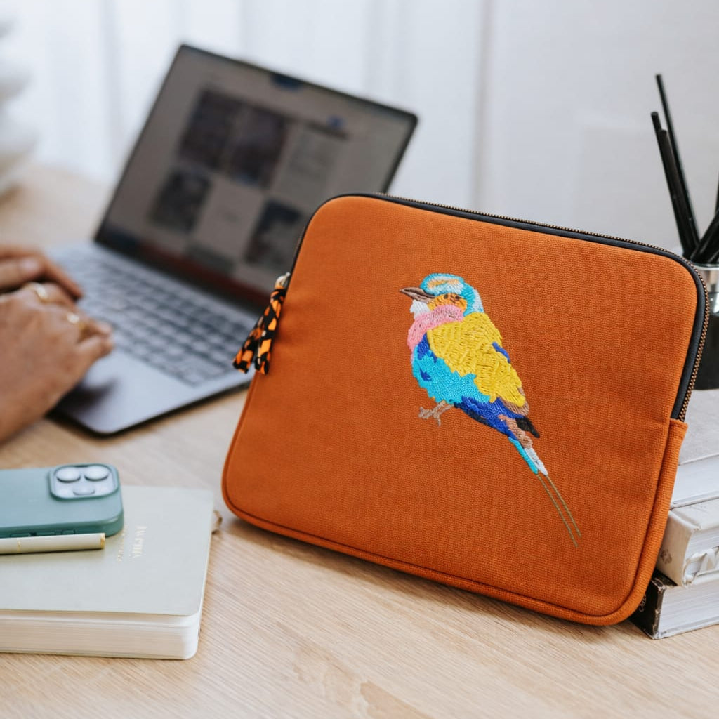 Lilac Breasted Roller laptop sleeve in earthy cotton canvas with stitched bird embroidery for 14-inch laptops