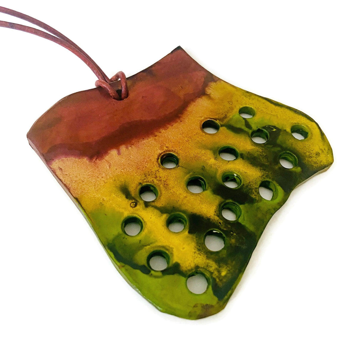 Rustic Chunky Pendant Necklace | Earthy Gold, Chartreuse & Brown Polymer Clay-0