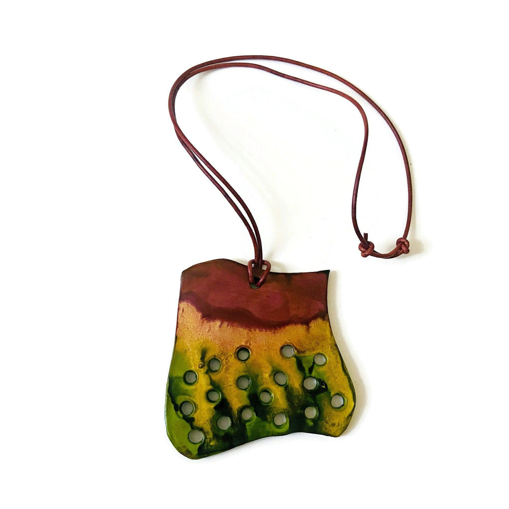 Rustic Chunky Pendant Necklace | Earthy Gold, Chartreuse & Brown Polymer Clay-1