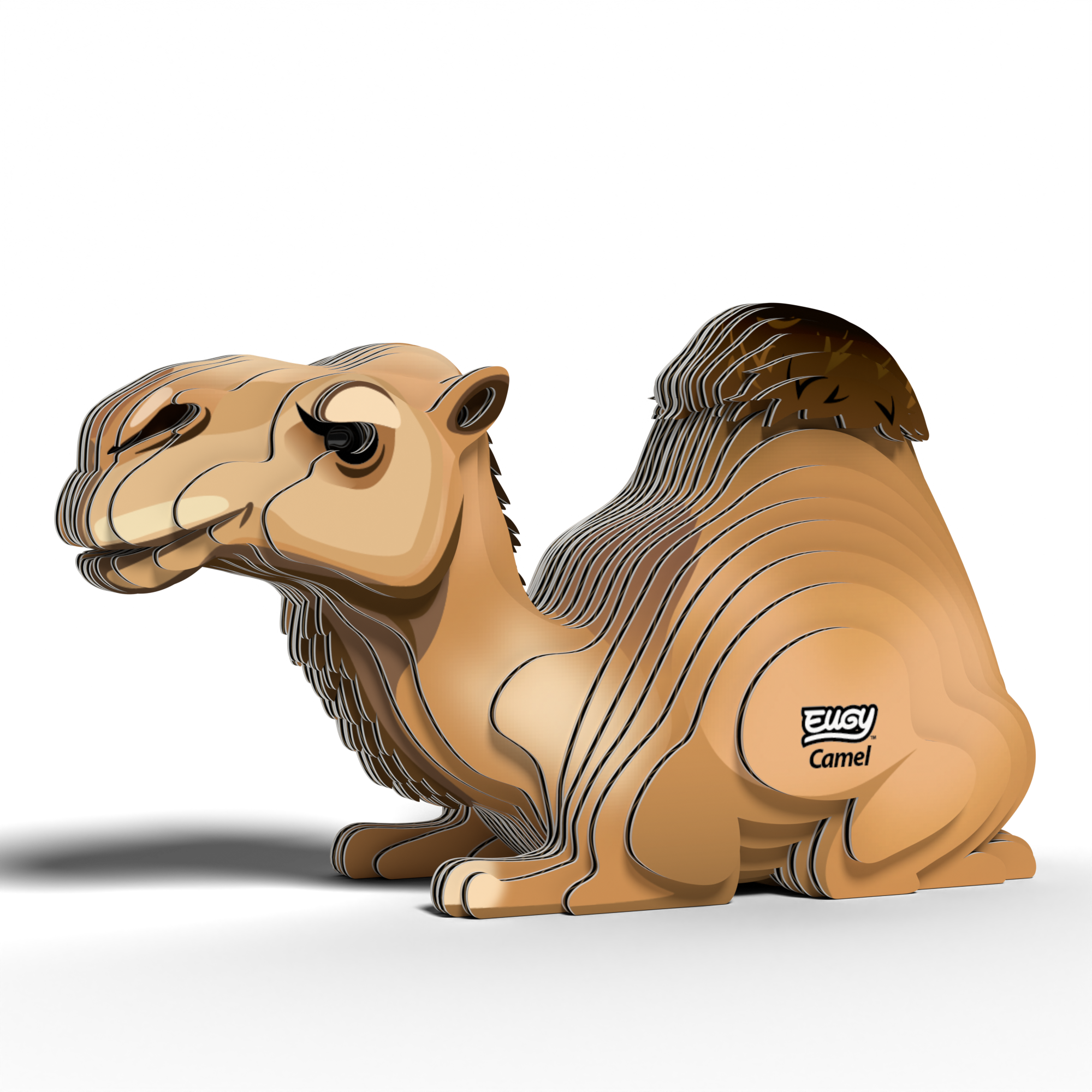 Assembled EUGY camel 3D puzzle made from biodegradable cardboard featuring a kneeling posture and single hump — view 2