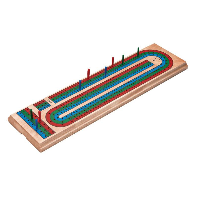 Wooden Barony cribbage board made of solid pine with red, blue, and green scoring pegs.