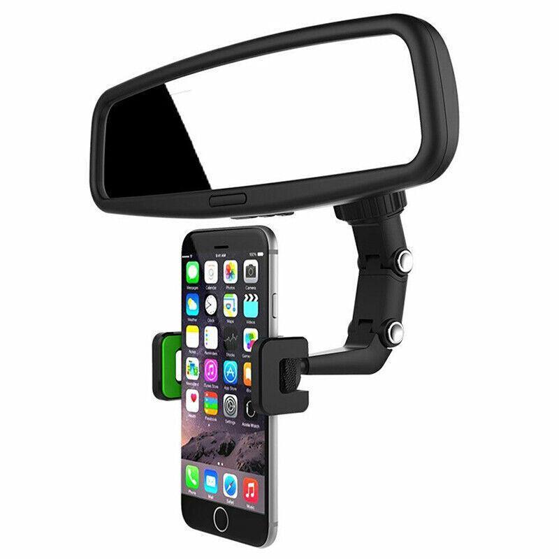 Universal rearview mirror car phone mount holder in green and grey attached to a vehicle mirror — view 5