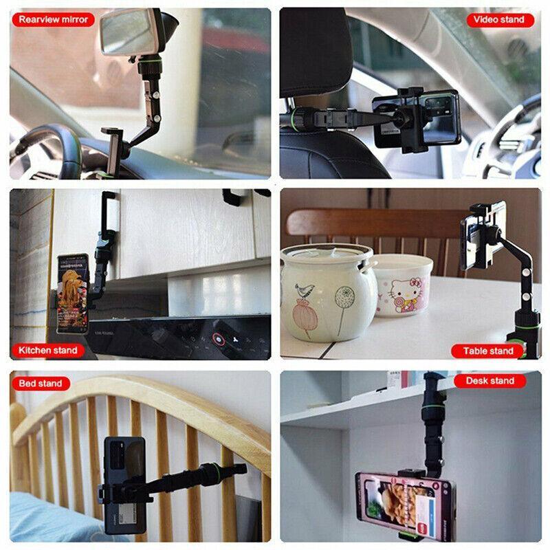 Universal rearview mirror car phone mount holder in green and grey attached to a vehicle mirror — view 4